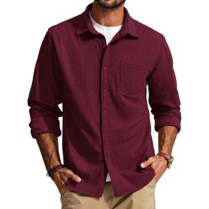PJ PAUL JONES Men’s Button Down Shirt Texture Wrinkle Free Shirts Long Sleeve Waffle Untucked Shirt(Dark Red)