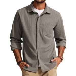 PJ PAUL JONES Men’s Button Down Shirt Texture Wrinkle Free Shirts Long Sleeve Waffle Untucked Shirt(Grey Green)