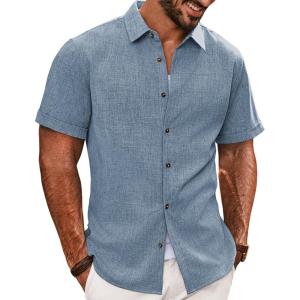 PJ PAUL JONES Mens Button Down Short Sleeve Shirt Casual Wrinkle Free Dress Shirt Summer Shirts with Pocket(Light Blue)