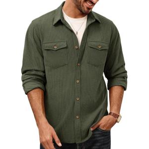 PJ PAUL JONES Men’s Button Down Waffle Textured Shirt Casual Long Sleeve Wrinkle Free Untucked Shirts with Flap Pockets(Army Green)