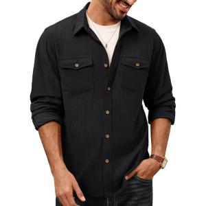 PJ PAUL JONES Men’s Button Down Waffle Textured Shirt Casual Long Sleeve Wrinkle Free Untucked Shirts with Flap Pockets(Black)