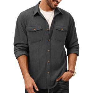 PJ PAUL JONES Men’s Button Down Waffle Textured Shirt Casual Long Sleeve Wrinkle Free Untucked Shirts with Flap Pockets(Dark Gray)