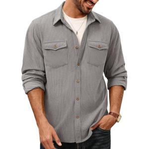 PJ PAUL JONES Men’s Button Down Waffle Textured Shirt Casual Long Sleeve Wrinkle Free Untucked Shirts with Flap Pockets(Light Gray)