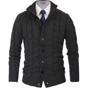 PJ PAUL JONES Mens Cable Knit Cardigan Sweaters Casual Stand Collar Slim Fit Long Sleeve Button Down Sweaters(Black Grey)