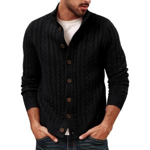 PJ PAUL JONES Mens Cable Knit Cardigan Sweaters Casual Stand Collar Slim Fit Long Sleeve Button Down Sweaters(Black-cable)