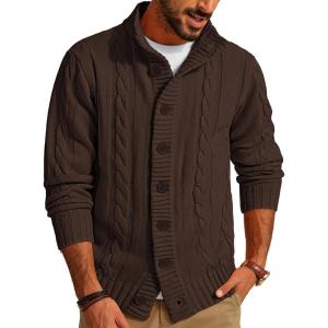 PJ PAUL JONES Mens Cable Knit Cardigan Sweaters Casual Stand Collar Slim Fit Long Sleeve Button Down Sweaters(Coffee)