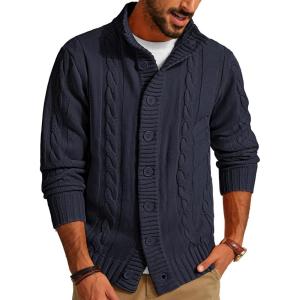 PJ PAUL JONES Mens Cable Knit Cardigan Sweaters Casual Stand Collar Slim Fit Long Sleeve Button Down Sweaters(Dark Blue)