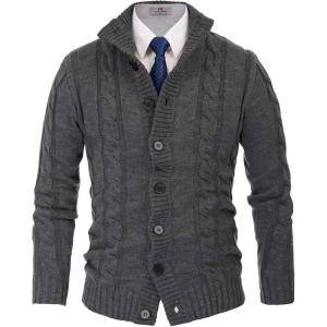 PJ PAUL JONES Mens Cable Knit Cardigan Sweaters Casual Stand Collar Slim Fit Long Sleeve Button Down Sweaters(Dark Gray)