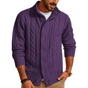 PJ PAUL JONES Mens Cable Knit Cardigan Sweaters Casual Stand Collar Slim Fit Long Sleeve Button Down Sweaters(Deep Purple)