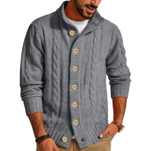 PJ PAUL JONES Mens Cable Knit Cardigan Sweaters Casual Stand Collar Slim Fit Long Sleeve Button Down Sweaters(Grey)