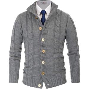 PJ PAUL JONES Mens Cable Knit Cardigan Sweaters Casual Stand Collar Slim Fit Long Sleeve Button Down Sweaters(Light Gray)