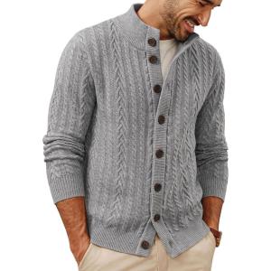 PJ PAUL JONES Mens Cable Knit Cardigan Sweaters Casual Stand Collar Slim Fit Long Sleeve Button Down Sweaters(Light Grey-cable)