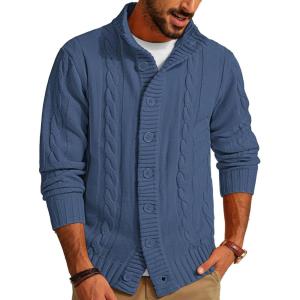 PJ PAUL JONES Mens Cable Knit Cardigan Sweaters Casual Stand Collar Slim Fit Long Sleeve Button Down Sweaters(Light Navy Blue)