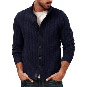 PJ PAUL JONES Mens Cable Knit Cardigan Sweaters Casual Stand Collar Slim Fit Long Sleeve Button Down Sweaters(Navy Blue-cable)