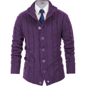 PJ PAUL JONES Mens Cable Knit Cardigan Sweaters Casual Stand Collar Slim Fit Long Sleeve Button Down Sweaters(Purple)
