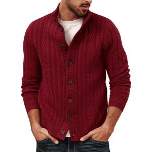 PJ PAUL JONES Mens Cable Knit Cardigan Sweaters Casual Stand Collar Slim Fit Long Sleeve Button Down Sweaters(Wine Red-cable)