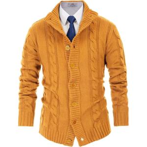 PJ PAUL JONES Mens Cable Knit Cardigan Sweaters Casual Stand Collar Slim Fit Long Sleeve Button Down Sweaters(Yellow)