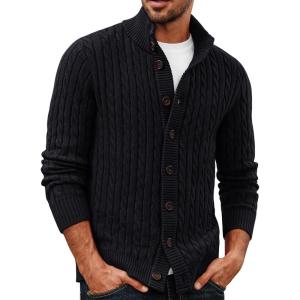 PJ PAUL JONES Mens Cardigan Sweater Button Up Stand Collar Sweater Knit Textured Sweaters(Black)