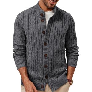PJ PAUL JONES Mens Cardigan Sweater Button Up Stand Collar Sweater Knit Textured Sweaters(Dark Grey)