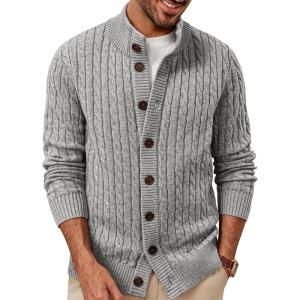 PJ PAUL JONES Mens Cardigan Sweater Button Up Stand Collar Sweater Knit Textured Sweaters(Light Grey)