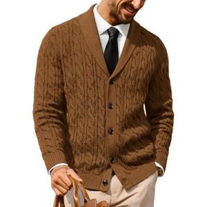 PJ PAUL JONES Mens Cardigan Sweater Cable Knit Sweaters Shawl Collar Texture Solid Cardigans(Camel)