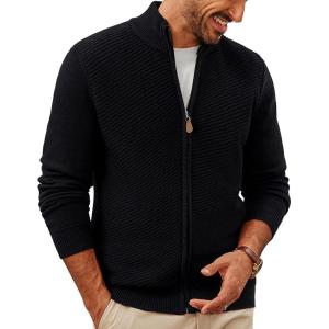 PJ PAUL JONES Mens Cardigan Sweater Full Zip Up Stand Collar Cardigans Fall Casual Knit Sweaters(Black)
