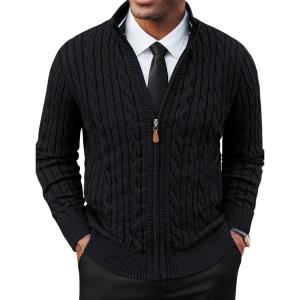 PJ PAUL JONES Mens Cardigan Sweater Full Zip Up Stand Collar Cardigans Long Sleeve Knitted Sweaters(Black)