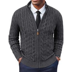 PJ PAUL JONES Mens Cardigan Sweater Full Zip Up Stand Collar Cardigans Long Sleeve Knitted Sweaters(Dark Gray)