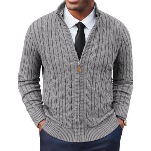 PJ PAUL JONES Mens Cardigan Sweater Full Zip Up Stand Collar Cardigans Long Sleeve Knitted Sweaters(Light Grey)