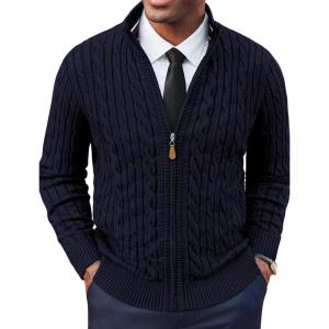 PJ PAUL JONES Mens Cardigan Sweater Full Zip Up Stand Collar Cardigans Long Sleeve Knitted Sweaters(Navy Blue)