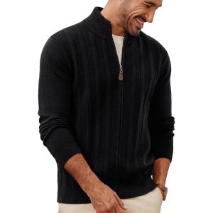 PJ PAUL JONES Men’s Cardigan Sweater Full Zip Up Sweater Ribbed Knit Stand Collar Cardigans(Black)