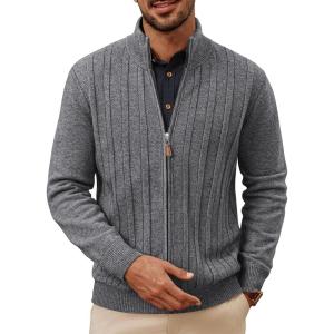 PJ PAUL JONES Men’s Cardigan Sweater Full Zip Up Sweater Ribbed Knit Stand Collar Cardigans(Dark Gray)