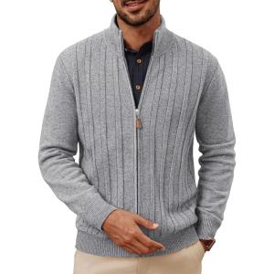 PJ PAUL JONES Men’s Cardigan Sweater Full Zip Up Sweater Ribbed Knit Stand Collar Cardigans(Grey)