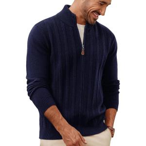 PJ PAUL JONES Men’s Cardigan Sweater Full Zip Up Sweater Ribbed Knit Stand Collar Cardigans(Navy Blue)