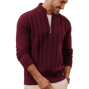 PJ PAUL JONES Men’s Cardigan Sweater Full Zip Up Sweater Ribbed Knit Stand Collar Cardigans(Wine Red)