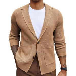 PJ PAUL JONES Men’s Cardigan Sweater Shawl Collar Button Down Knit Blazer Jacket Knitwear(Khaki B)