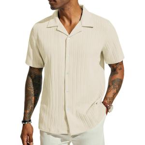 PJ PAUL JONES Men’s Casual Button Down Shirts – Short Sleeve Summer Textured Beach Wrinkle-Free Shirts(Beige)