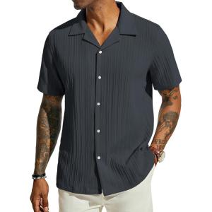 PJ PAUL JONES Men’s Casual Button Down Shirts – Short Sleeve Summer Textured Beach Wrinkle-Free Shirts(Dark Grey)