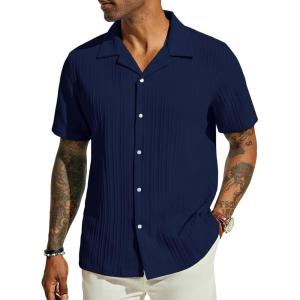 PJ PAUL JONES Men’s Casual Button Down Shirts – Short Sleeve Summer Textured Beach Wrinkle-Free Shirts(Deep Blue)