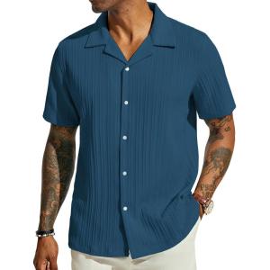 PJ PAUL JONES Men’s Casual Button Down Shirts – Short Sleeve Summer Textured Beach Wrinkle-Free Shirts(Denim Blue)
