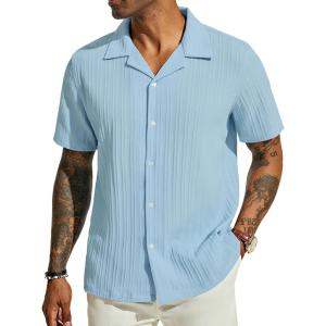 PJ PAUL JONES Men’s Casual Button Down Shirts – Short Sleeve Summer Textured Beach Wrinkle-Free Shirts(Light Blue)