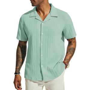 PJ PAUL JONES Men’s Casual Button Down Shirts – Short Sleeve Summer Textured Beach Wrinkle-Free Shirts(Light Green)