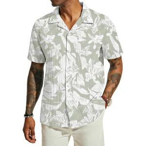 PJ PAUL JONES Men’s Casual Button Down Shirts – Short Sleeve Summer Textured Beach Wrinkle-Free Shirts(Light Green-floral)