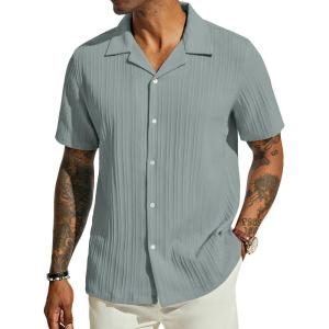PJ PAUL JONES Men’s Casual Button Down Shirts – Short Sleeve Summer Textured Beach Wrinkle-Free Shirts(Light Grey)