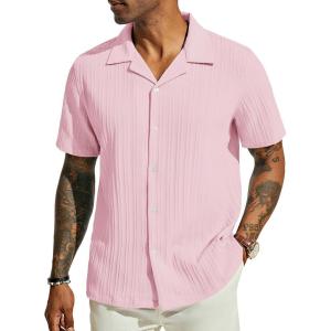 PJ PAUL JONES Men’s Casual Button Down Shirts – Short Sleeve Summer Textured Beach Wrinkle-Free Shirts(Light Pink)