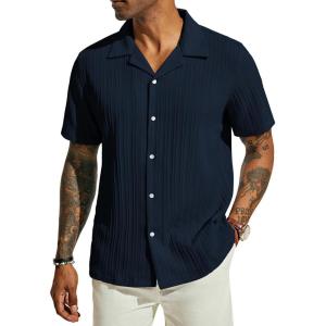PJ PAUL JONES Men’s Casual Button Down Shirts – Short Sleeve Summer Textured Beach Wrinkle-Free Shirts(Navy)