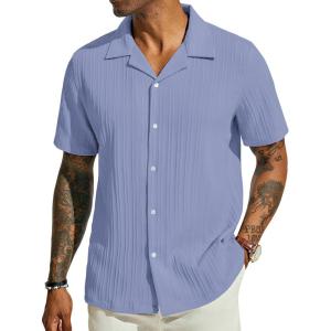 PJ PAUL JONES Men’s Casual Button Down Shirts – Short Sleeve Summer Textured Beach Wrinkle-Free Shirts(Purple Blue)