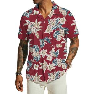 PJ PAUL JONES Men’s Casual Button Down Shirts – Short Sleeve Summer Textured Beach Wrinkle-Free Shirts(Red-floral)