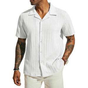 PJ PAUL JONES Men’s Casual Button Down Shirts – Short Sleeve Summer Textured Beach Wrinkle-Free Shirts(White)