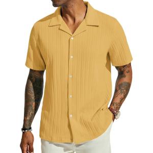 PJ PAUL JONES Men’s Casual Button Down Shirts – Short Sleeve Summer Textured Beach Wrinkle-Free Shirts(Yellow)